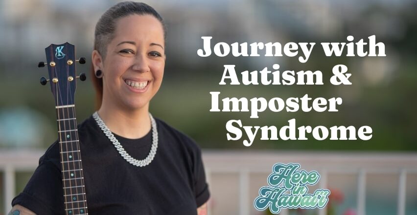 Woman with ukulele smiling with text, Journey with autism and imposter syndrome