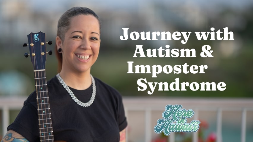 Woman with ukulele smiling with text, Journey with autism and imposter syndrome