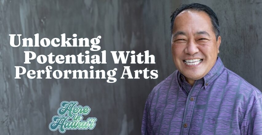 Man smiling with text, Unlocking potential with performing arts