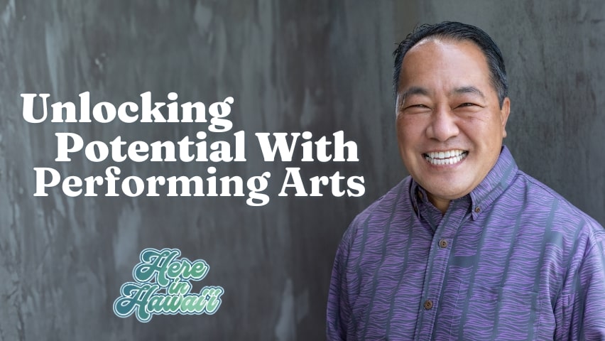 Man smiling with text, Unlocking potential with performing arts