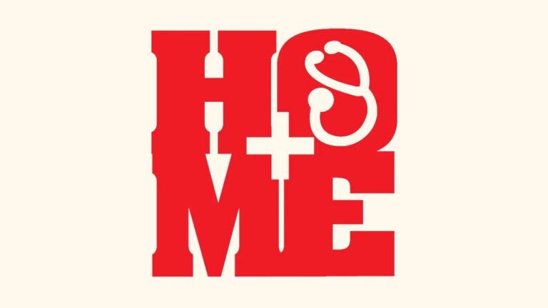 Bold red “HOME” typography on a warm cream background, featuring a white abstract looping line inside the O; clean, modern, welcoming design.