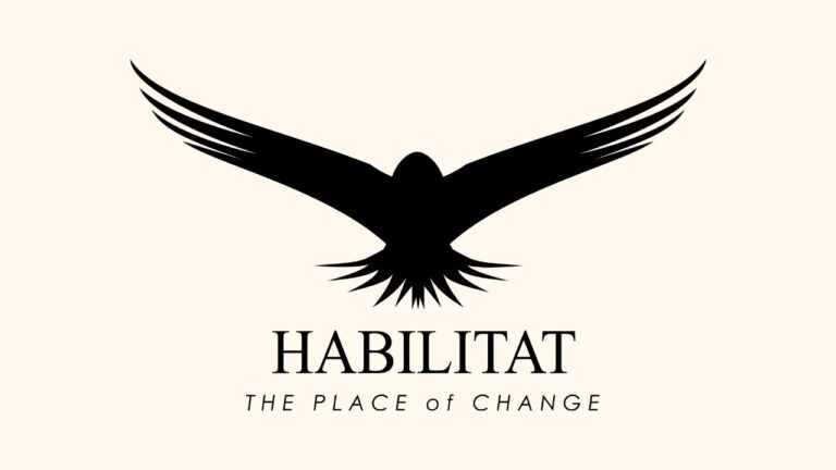 Black eagle silhouette with outstretched wings above the words “HABILITAT” and “THE PLACE OF CHANGE,” conveying strength and transformation.