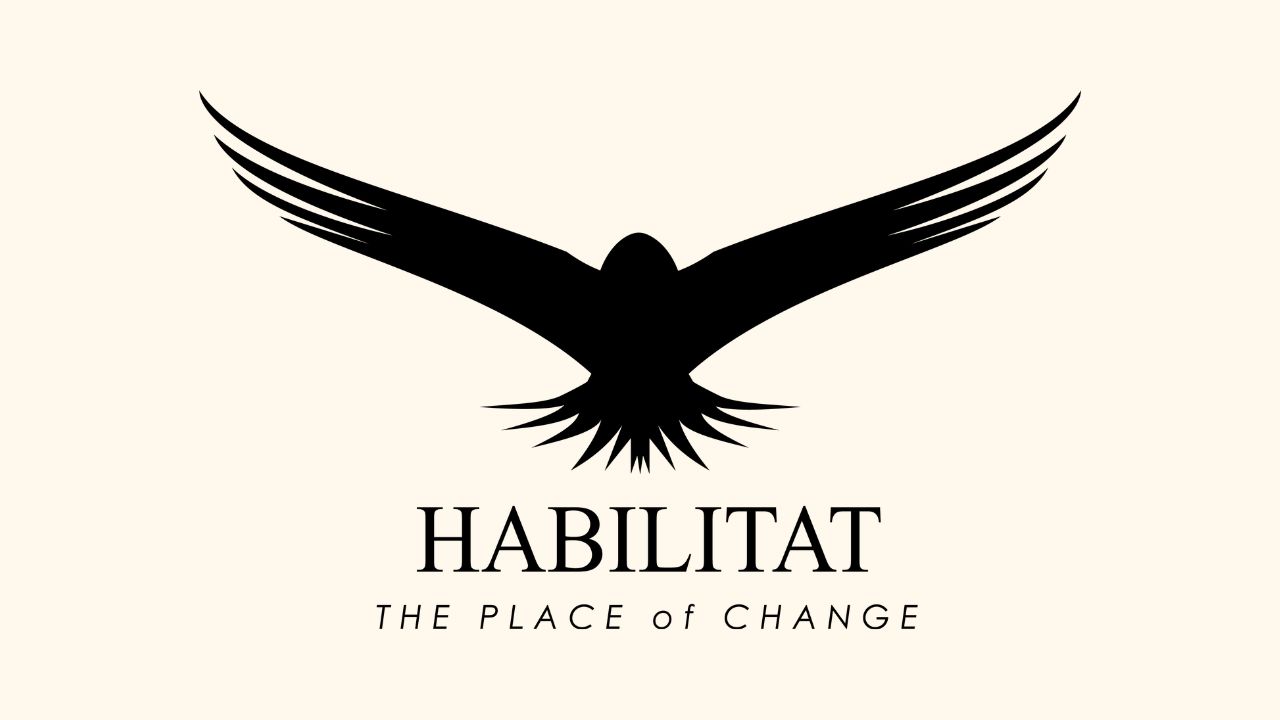 Black eagle silhouette with outstretched wings above the words “HABILITAT” and “THE PLACE OF CHANGE,” conveying strength and transformation.
