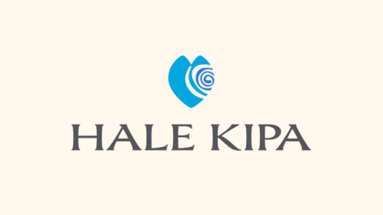 Blue stylized shell or wave logo with a spiral center above the dark text “HALE KIPA,” centered on a warm cream background; calm, welcoming tone.
